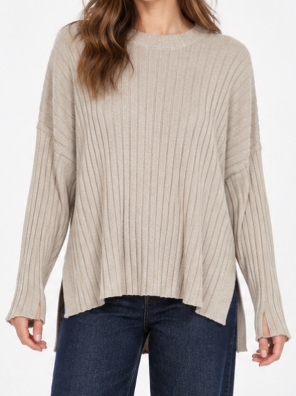 Favorite Daughter Taupe Ribbed High-Low Sweater XS Split Cuffs